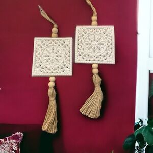 NWOT Boho Style White Wall Hangings Decor Wood Beads Twine Tassels Set of 2